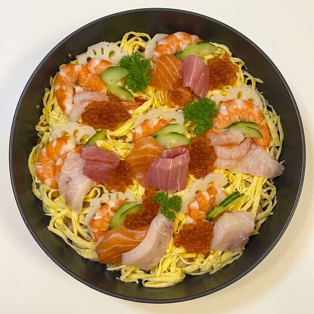 Verdure cotte e affettate che vengono strizzate a mano e aggiunte a un contenitore di riso da sushi preparato.