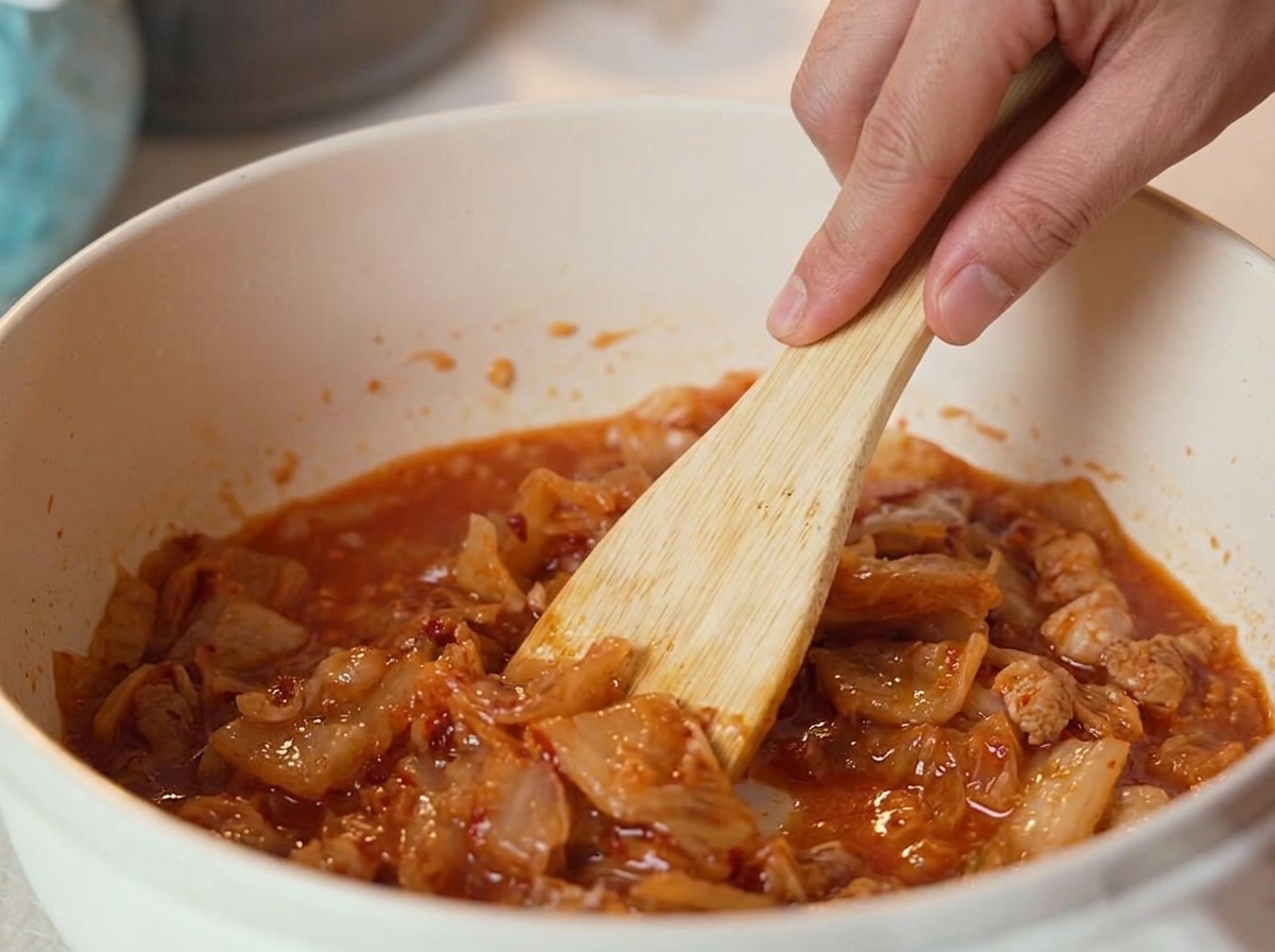 Una mano che usa una spatola di legno per mescolare il kimchi rosso tritato in una pentola bianca.