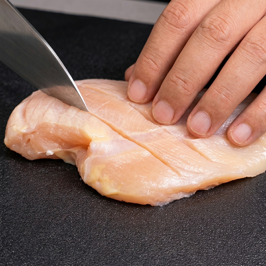 Una persona incide un petto di pollo crudo a scacchiera con un coltello affilato su un tagliere.