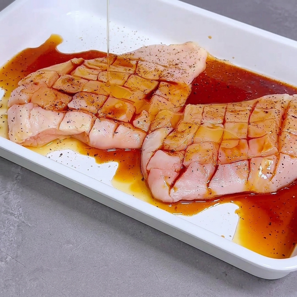 Versare una marinatura scura sui petti di pollo incisi in una vaschetta bianca.