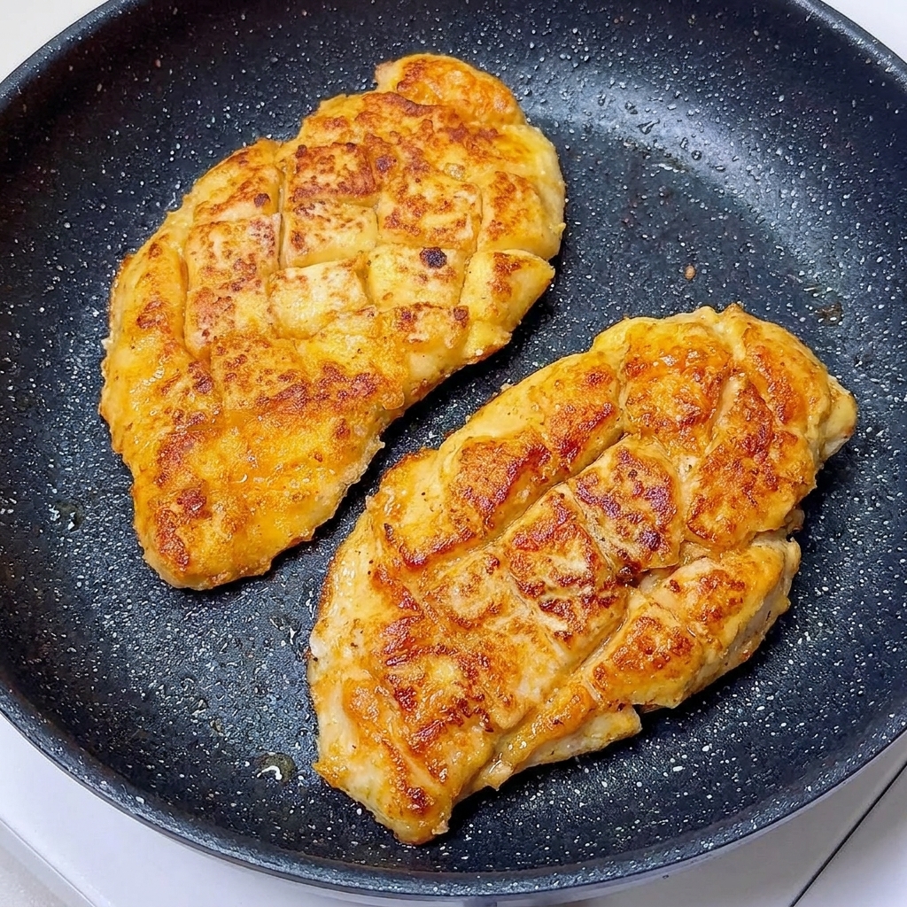 Pezzi di pollo impanati che friggono in una padella sfrigolante fino a raggiungere una crosta dorata e croccante.