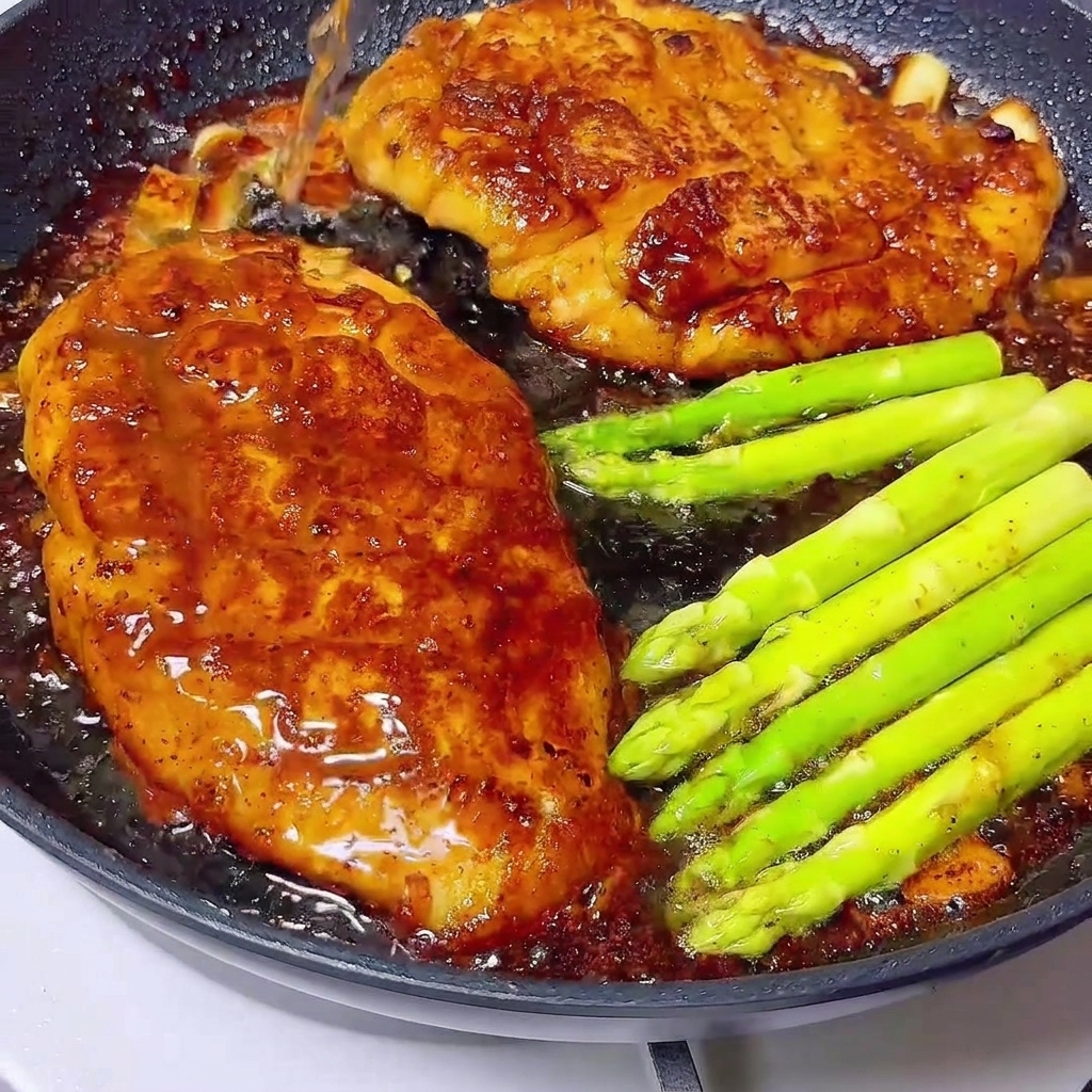 Versare del vino bianco in una padella contenente petti di pollo glassati e asparagi verdi.