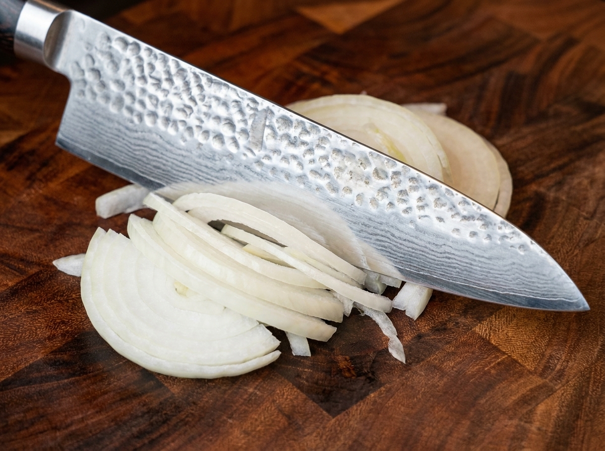 Pezzi di cipolla bianca affettati finemente disposti su un tagliere di legno accanto a un coltello da chef.