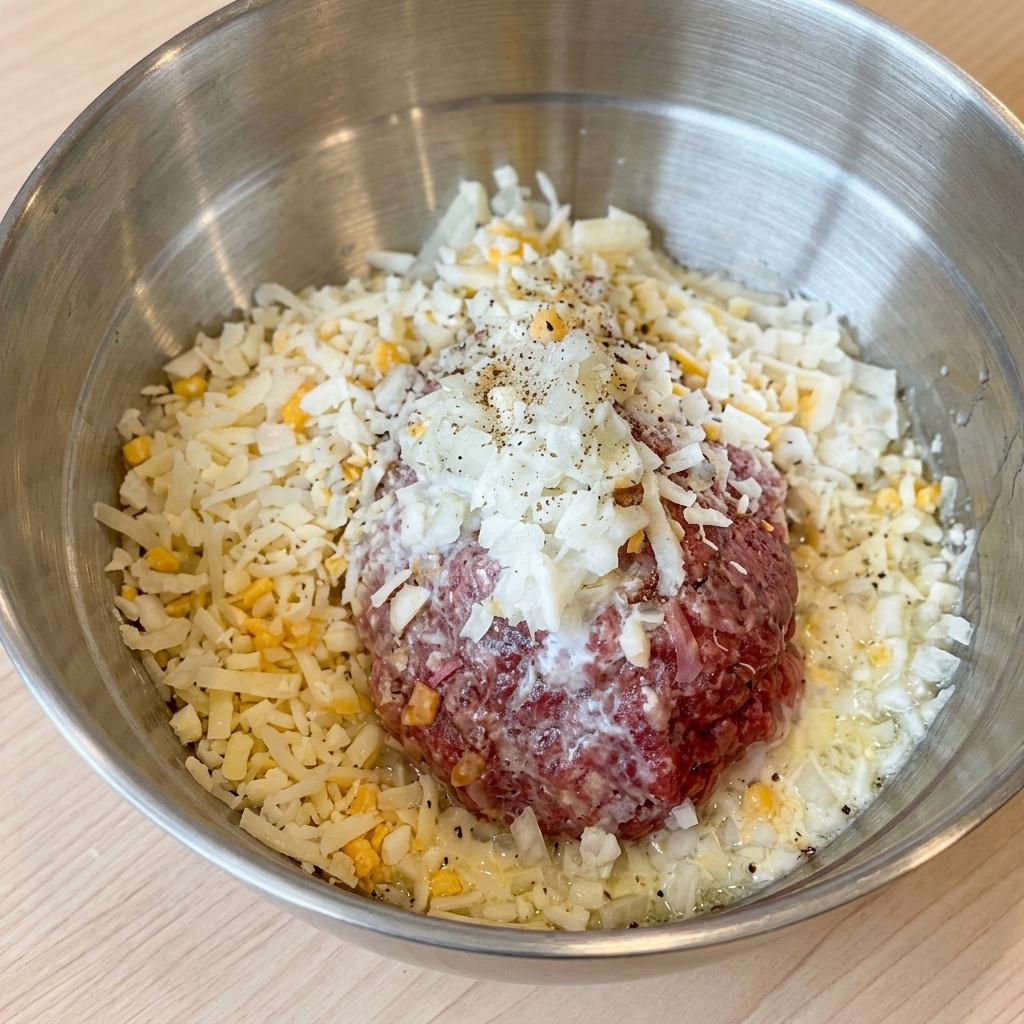 Composto di carne macinata cruda in una grande ciotola sormontato da formaggio grattugiato, cipolle e pepe nero appena macinato.