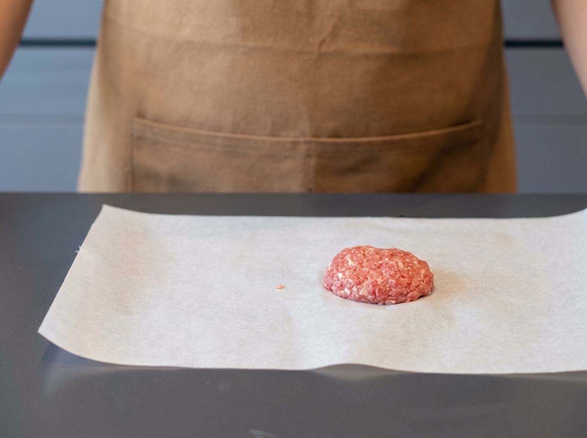 Una polpetta di carne cruda, perfettamente formata, poggiata su carta da forno, pronta per essere cucinata.