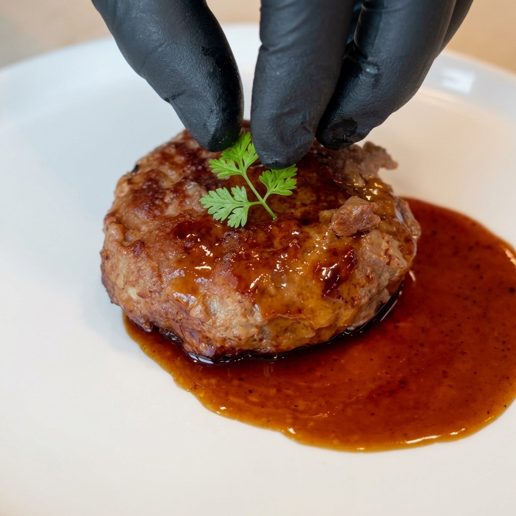 Un primo piano di un succoso hamburger su un piatto bianco, guarnito con una delicata decorazione di cipollotti freschi tagliati finemente.