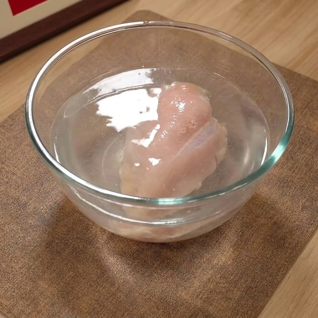Un petto di pollo immerso in una ciotola di vetro con acqua salata.