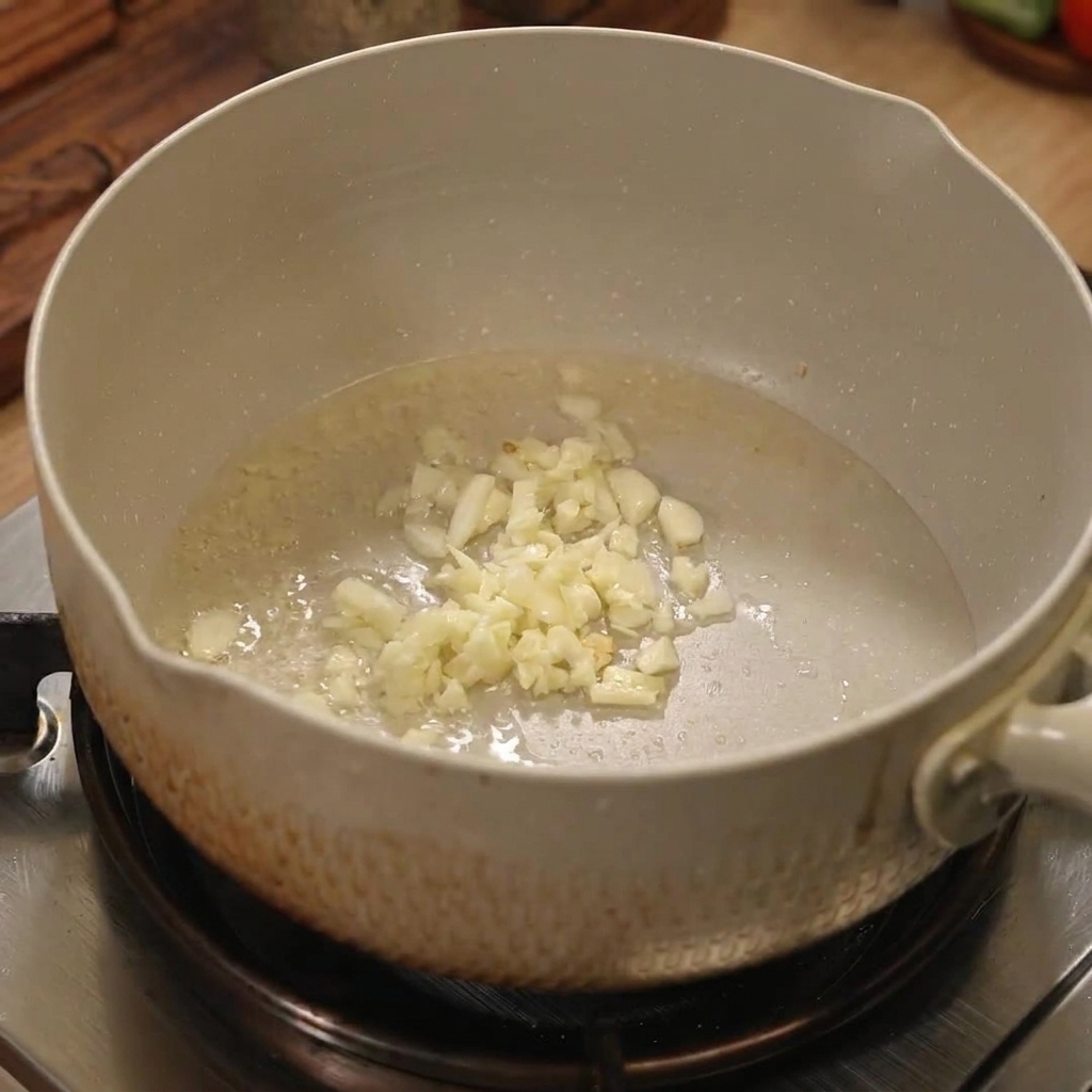 Aglio tritato e cipolle che cuociono in una pentola con olio.