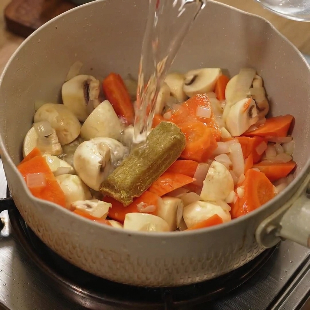Un cubetto di curry in una pentola mentre viene versata acqua bollente.