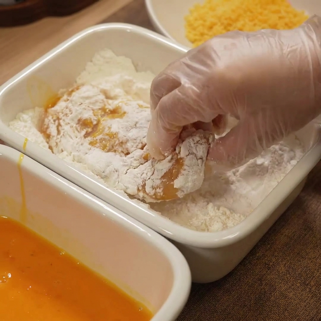Petto di pollo pressato in uno strato di farina bianca.