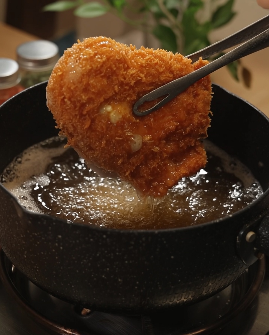 Una cotoletta di pollo dorata estratta dallolio bollente con le pinze.