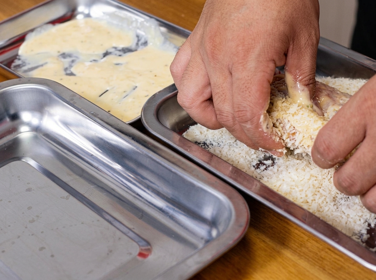 Cotoletta di pollo premuta in un vassoio di pangrattato panko per una copertura uniforme.