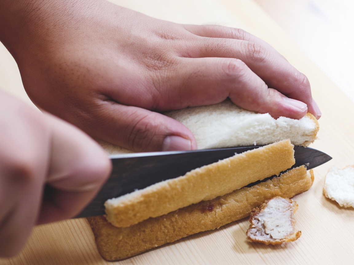 Due mani usano un coltello da chef per tagliare via i bordi da un sandwich al pollo assemblato, su un tagliere di legno.