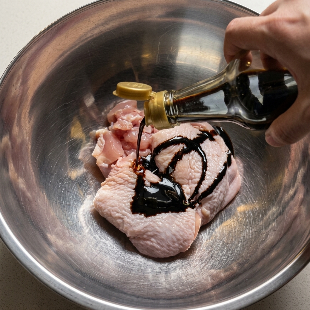 Cosce di pollo crude immerse in una scura marinatura sapida allinterno di una ciotola in acciaio inossidabile.