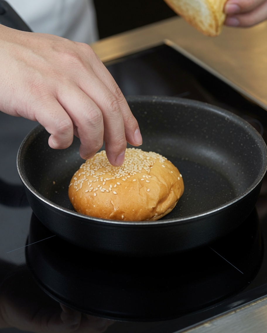 Un panino tostato in una padella antiaderente su un fornello nero.