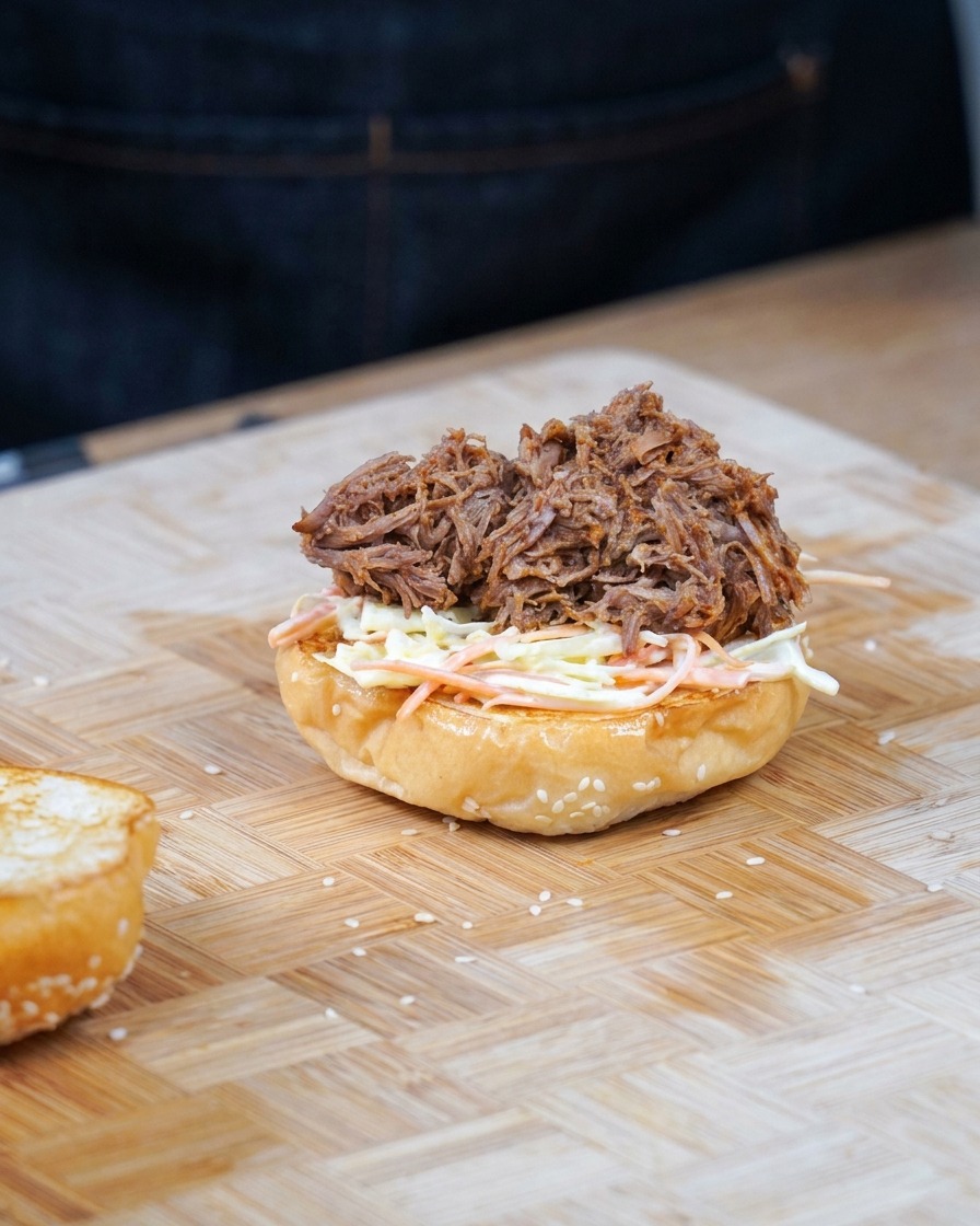 Una generosa porzione di pulled pork sistemata sopra lo strato di coleslaw.