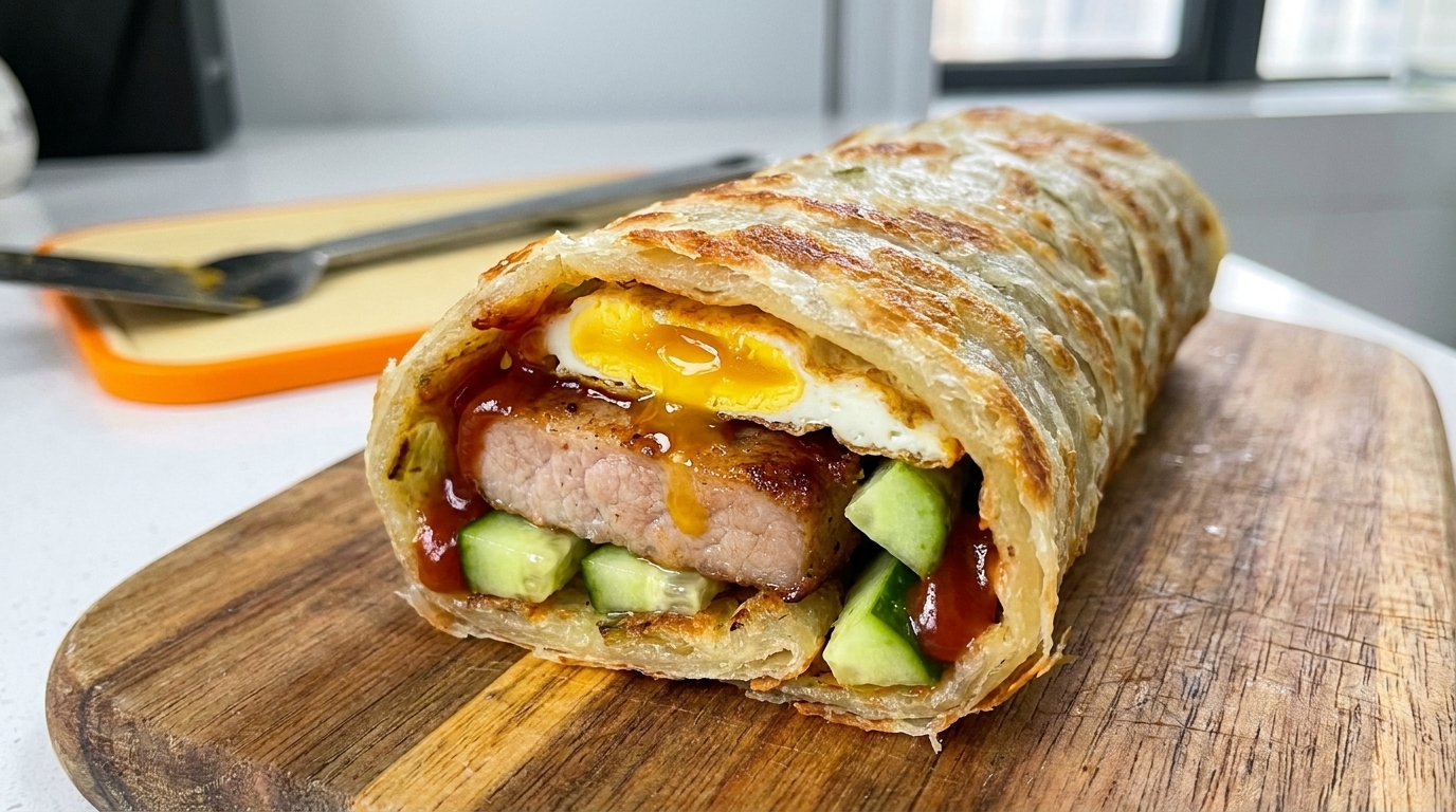 Wrap di Pancake allo Scalogno con Braciola di Maiale e Uovo