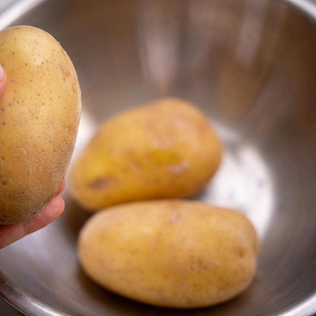 Patate surgelate immerse in una ciotola di acciaio inossidabile piena dacqua fredda.