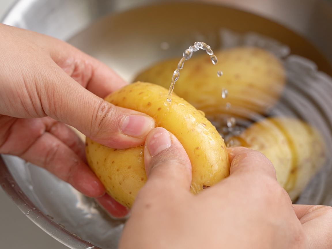Mani che strizzano saldamente lumidità da una patata scongelata sopra una ciotola.