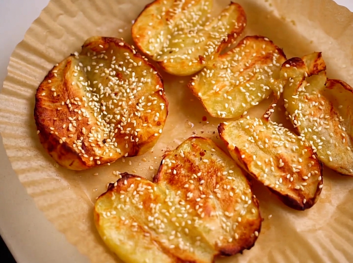 Primo piano del peperoncino in polvere spolverato sulle patate arrosto dorate.