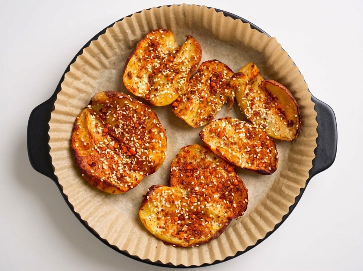 Cipollotti tritati finemente sparsi su un piatto di patate arrosto condite.