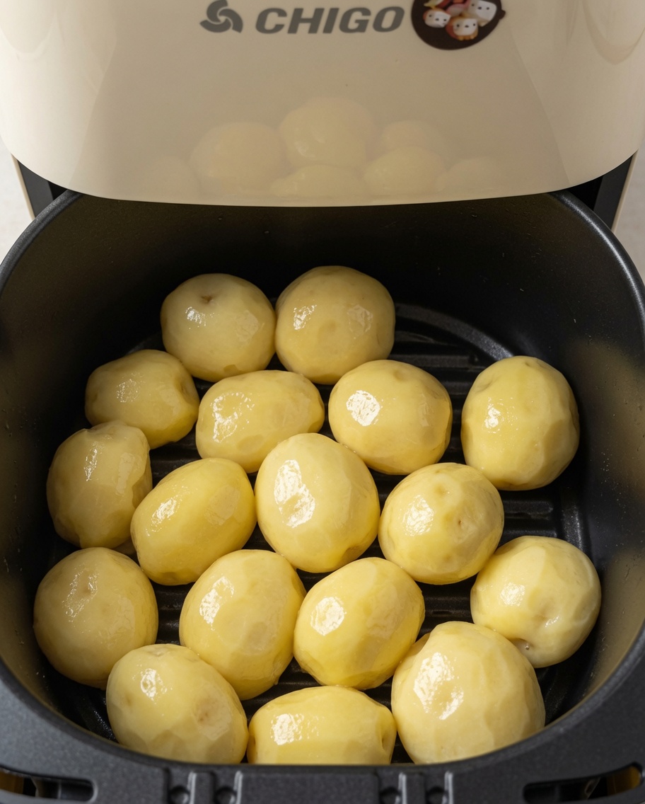 Olio spruzzato uniformemente sulle patate nel cestello.