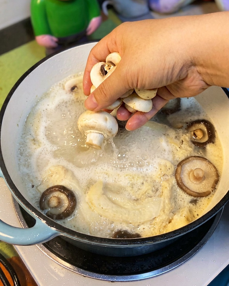 Funghi affettati aggiunti alla zuppa.