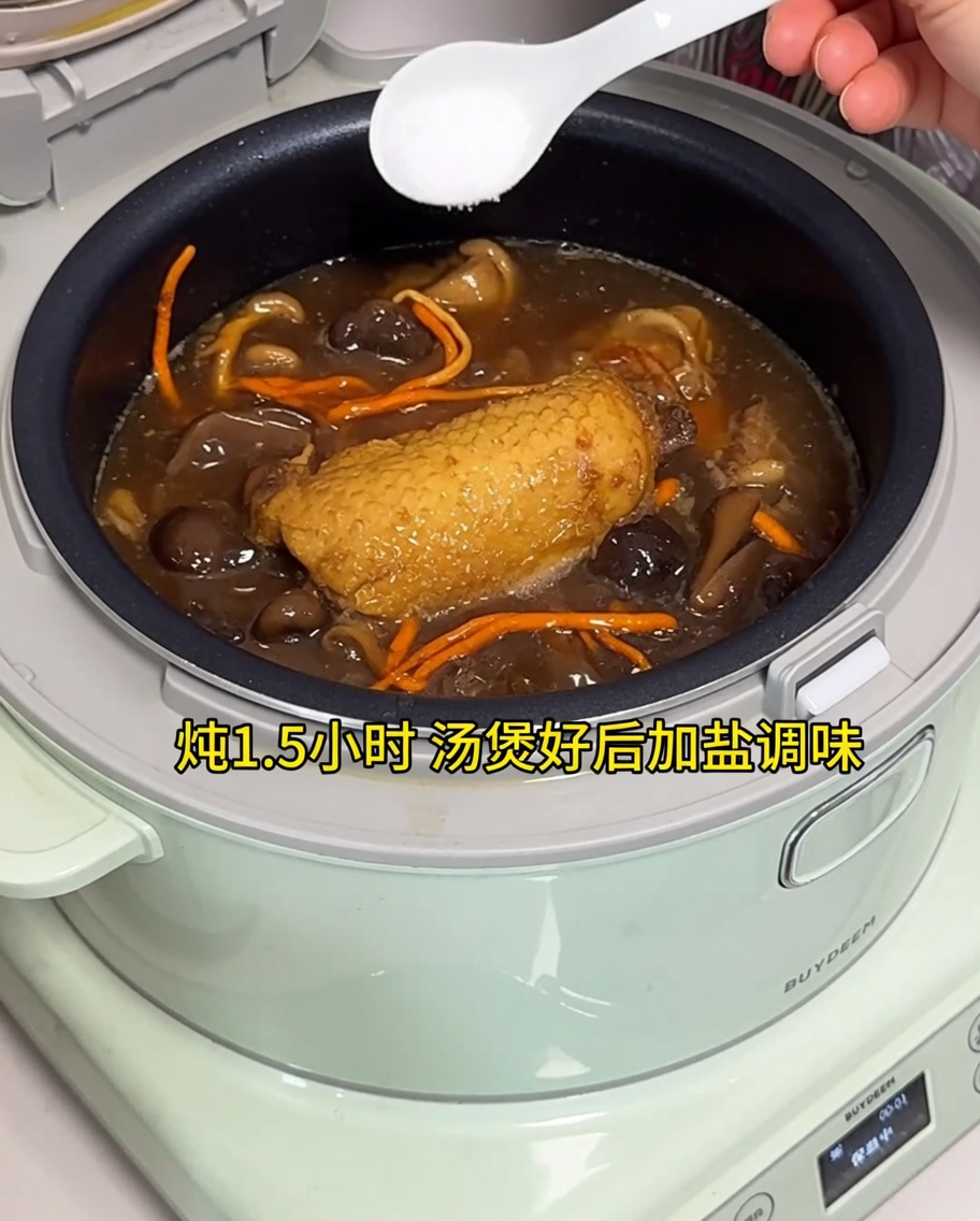 Aggiunta di sale alla zuppa di pollo pronta in una cuociriso elettrica.