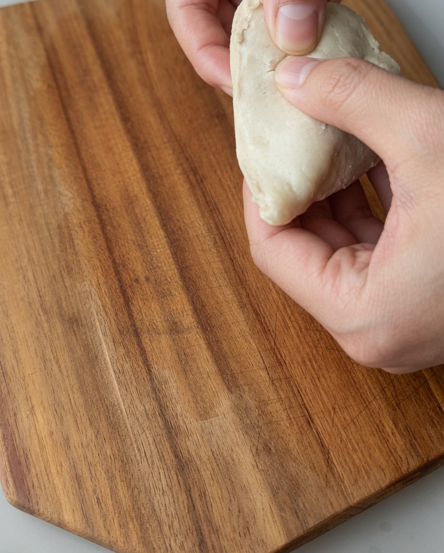 Primo piano delle mani che sfilacciano il petto di pollo cotto su un tagliere di legno.