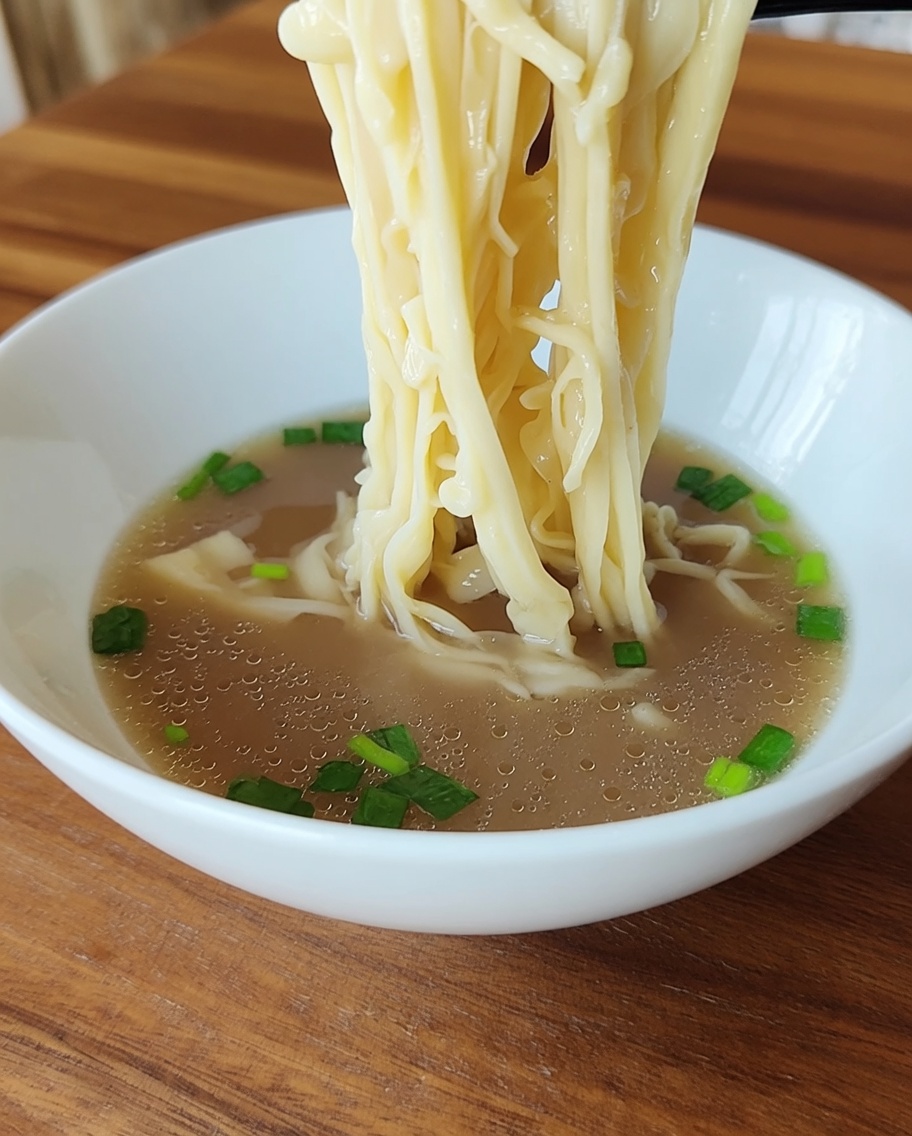 Una ciotola bianca con i noodles appena bolliti sopra un letto di cipollotti tritati.
