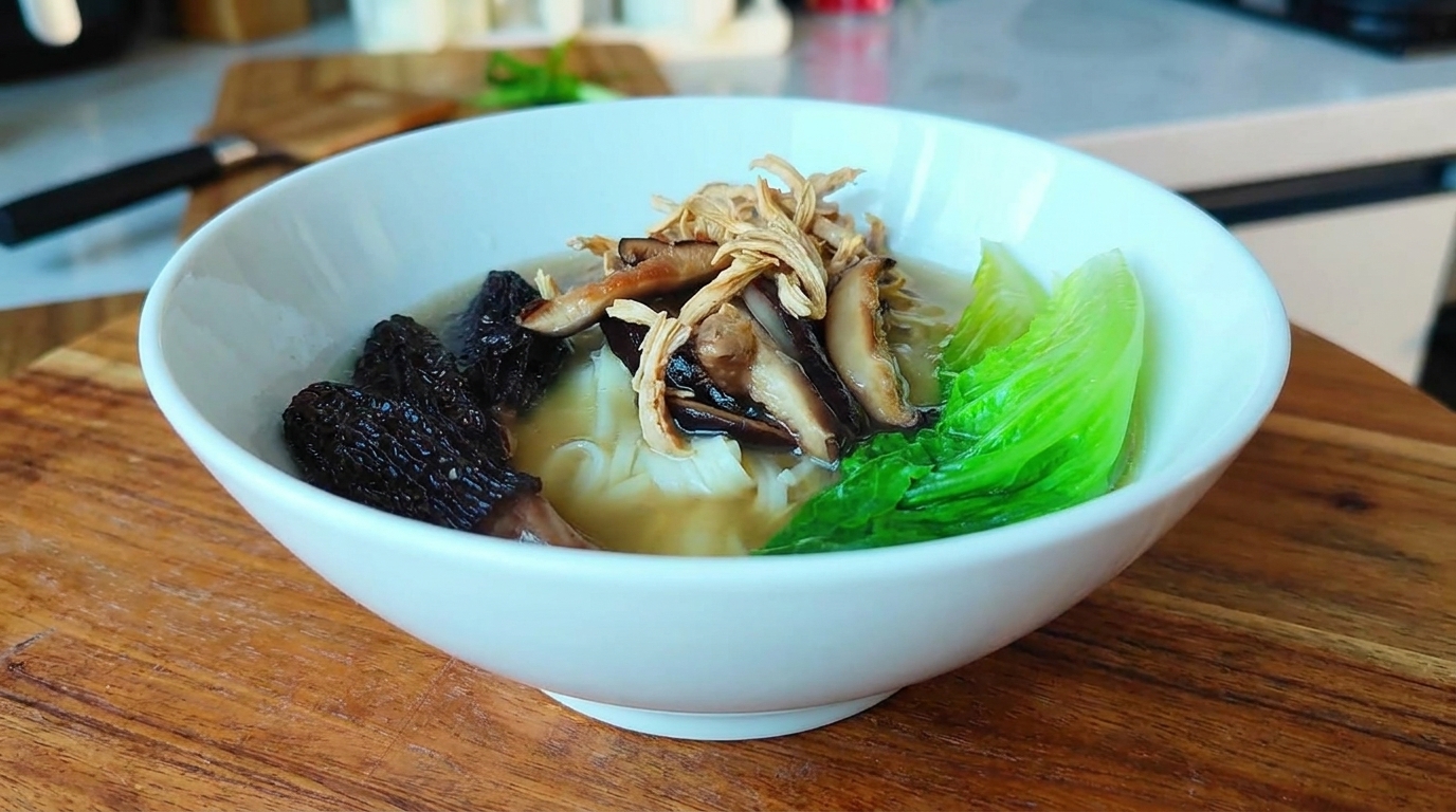 Zuppa di Noodles con Pollo Sfilacciato e Funghi