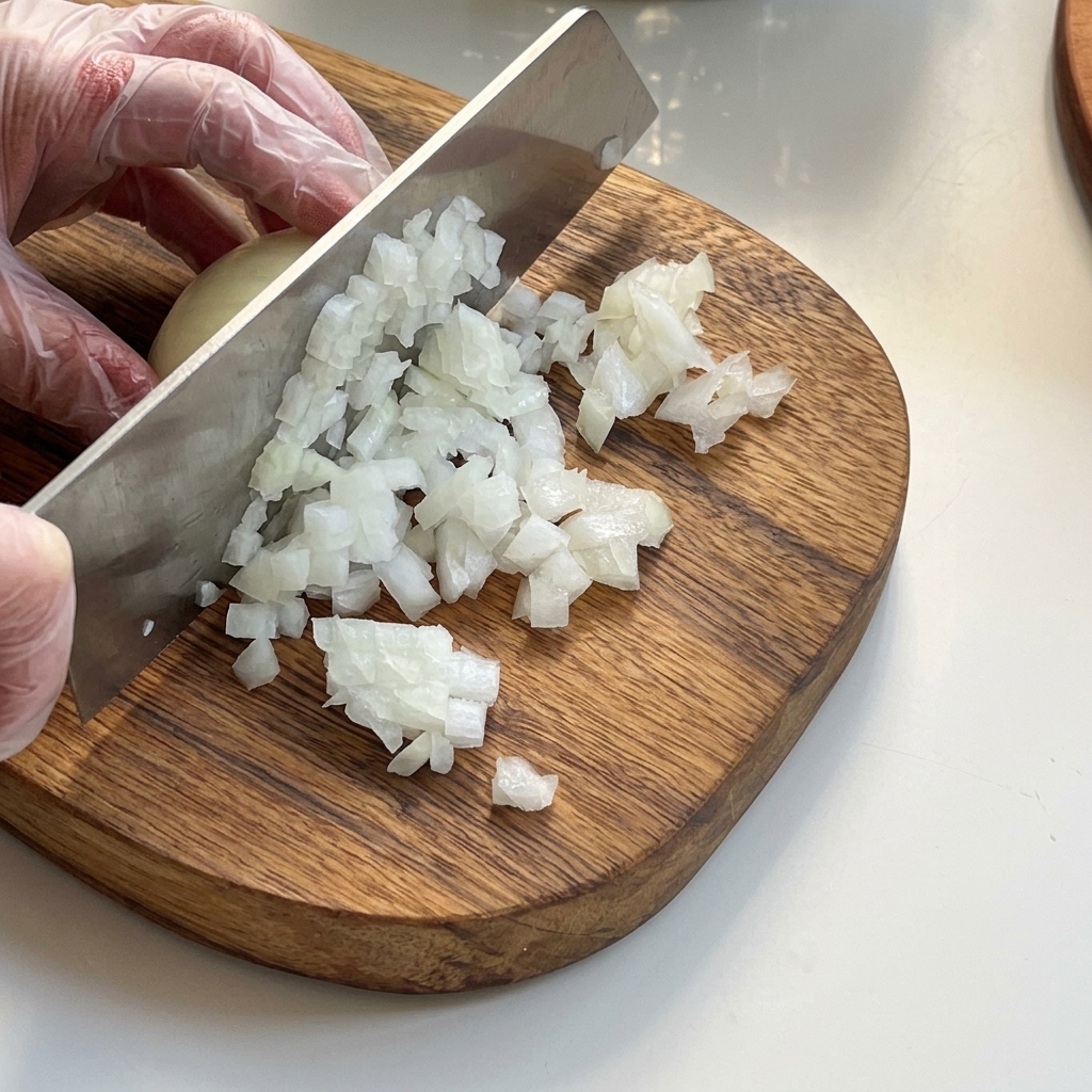 Piccoli cubetti di cipolla, patata e sedano disposti ordinatamente su un tagliere di legno.