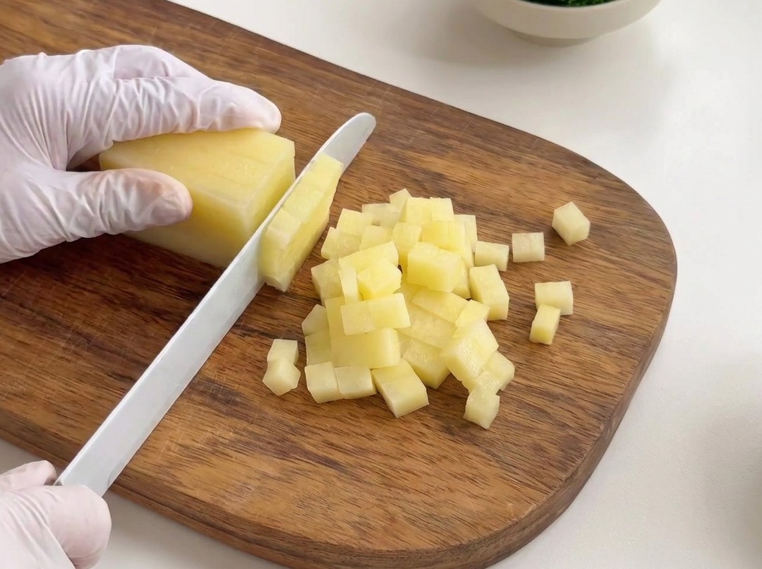 Patate sbucciate tagliate a cubetti piccoli e regolari su un tagliere di legno.