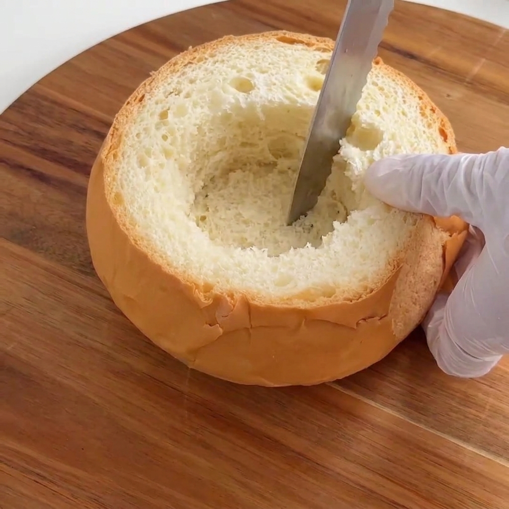 Una pagnotta tonda di pane scavata per formare una ciotola.