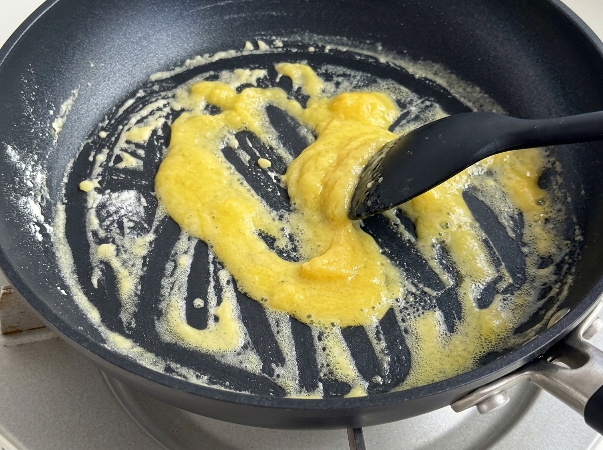 Panna fresca e latte versati nella padella sul roux cotto.