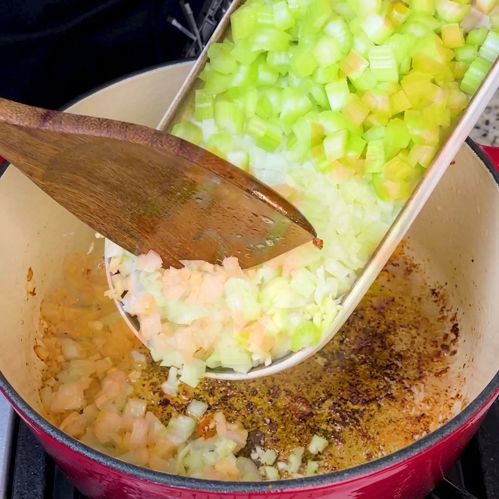 Il mix di verdure che soffrigge in una pentola rossa rivestita dal grasso di bacon.