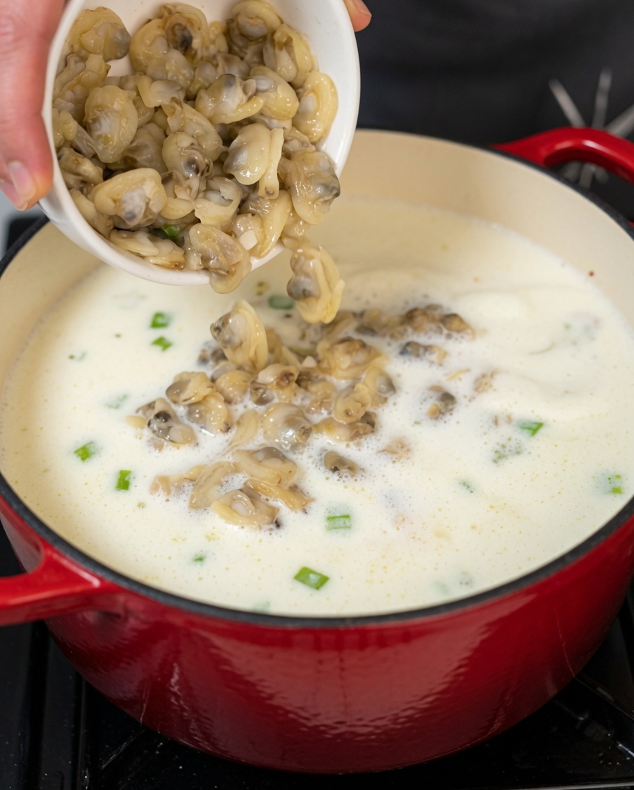 Patate e vongole aggiunte alla zuppa cremosa che sobbolle nella pentola.