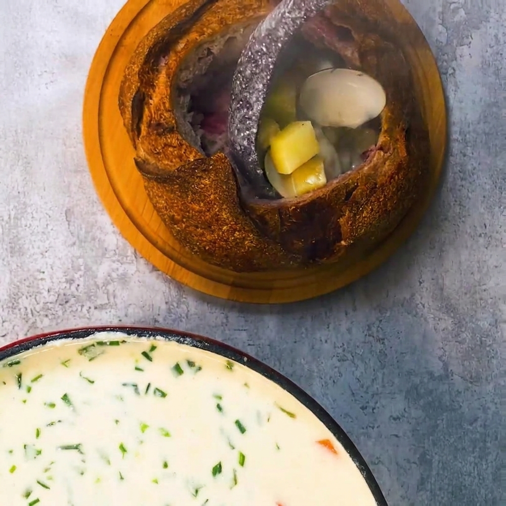 La cremosa zuppa di vongole versata nella pagnotta scavata su un tagliere di legno.
