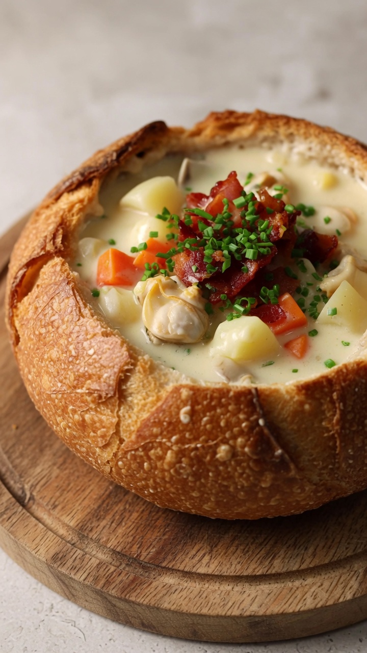 Classica New England Clam Chowder in una pagnotta di pane