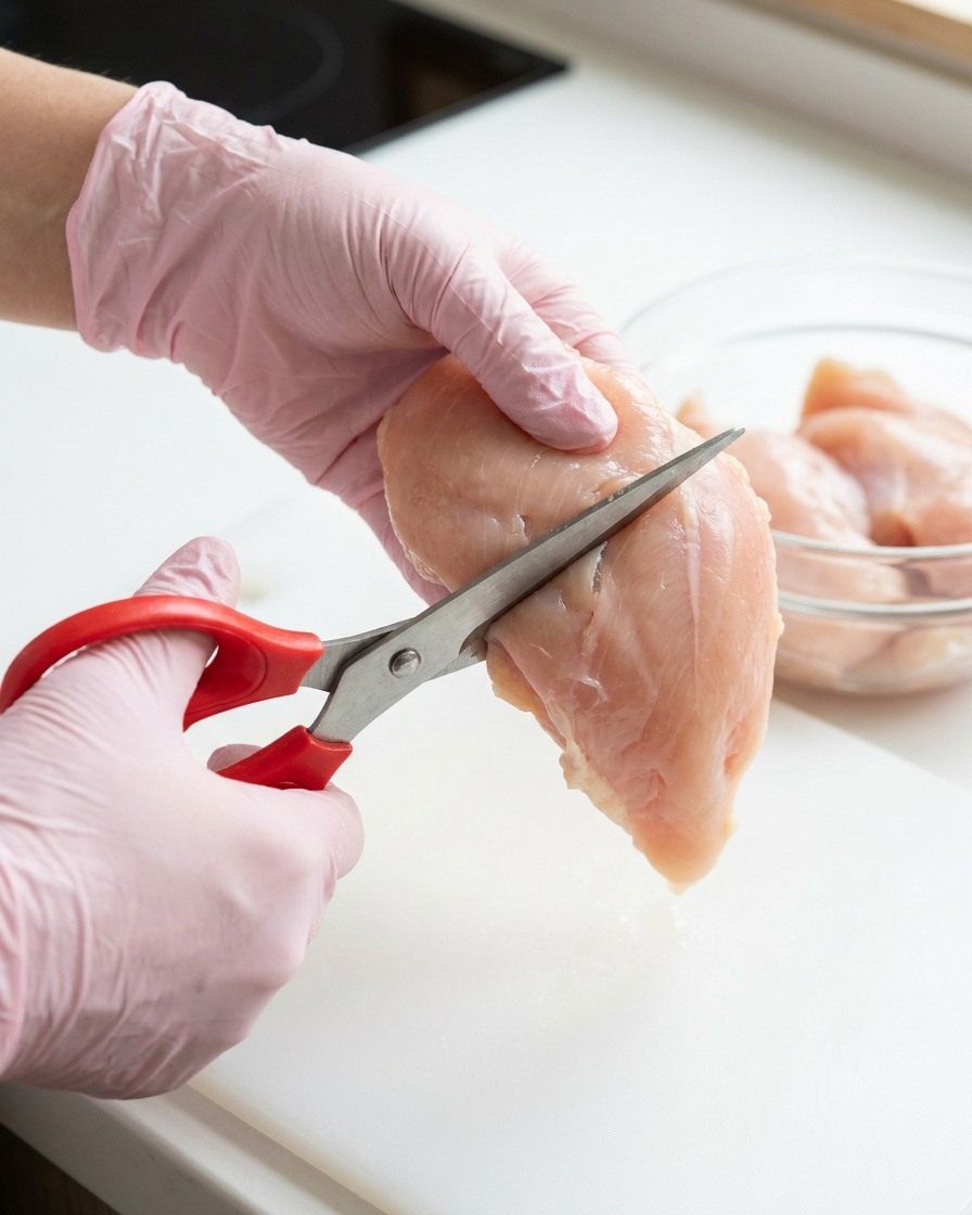 Petto di pollo tagliato a strisce sottili su un tagliere.