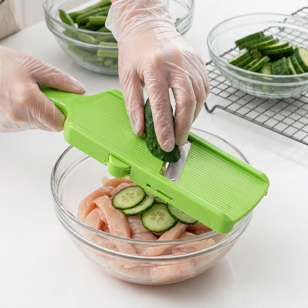 Striscia di pollo crudo avvolta attorno a un singolo pezzo di okra.