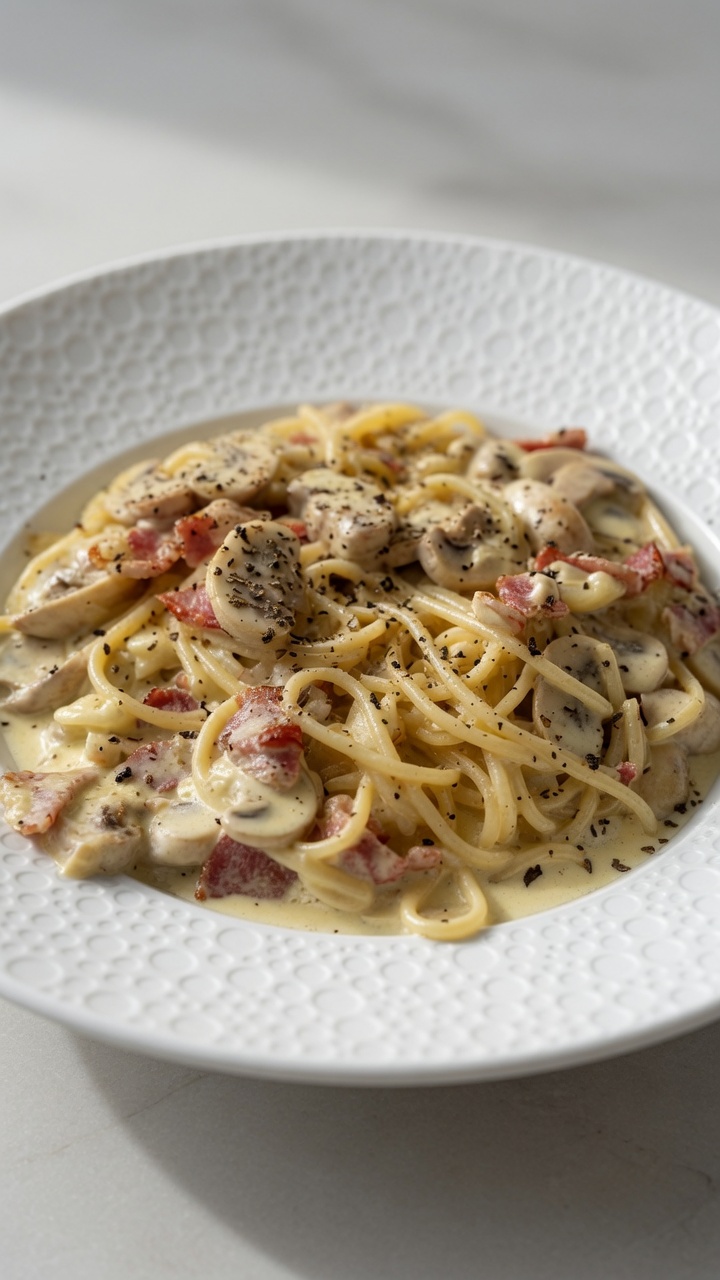 Pasta Cremosa con Funghi e Pancetta