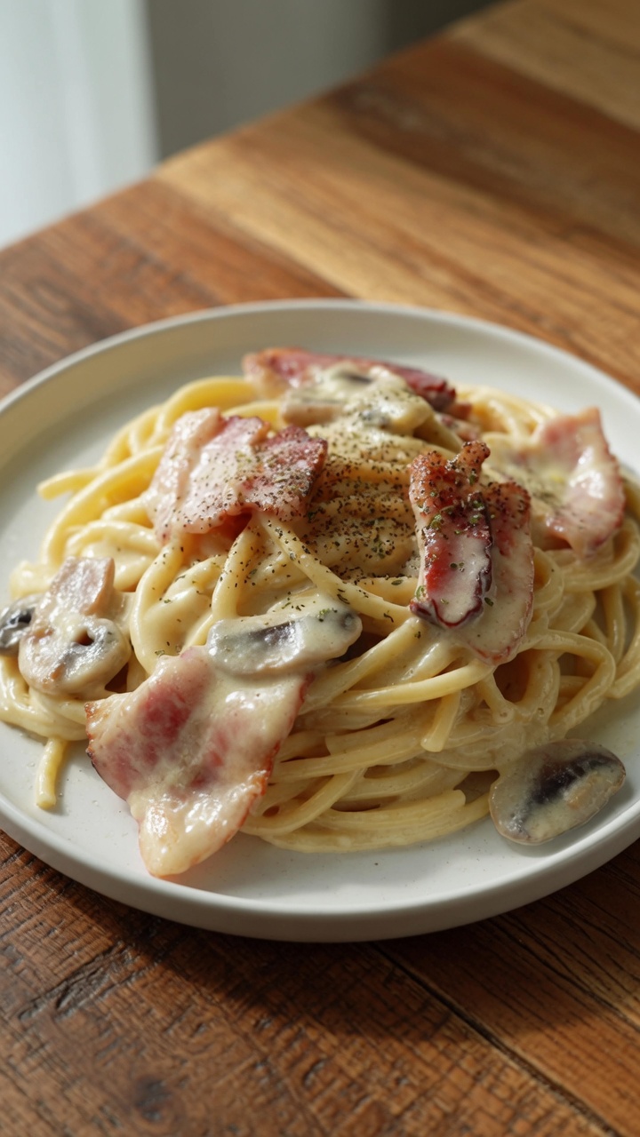 Pasta cremosa con pancetta e funghi
