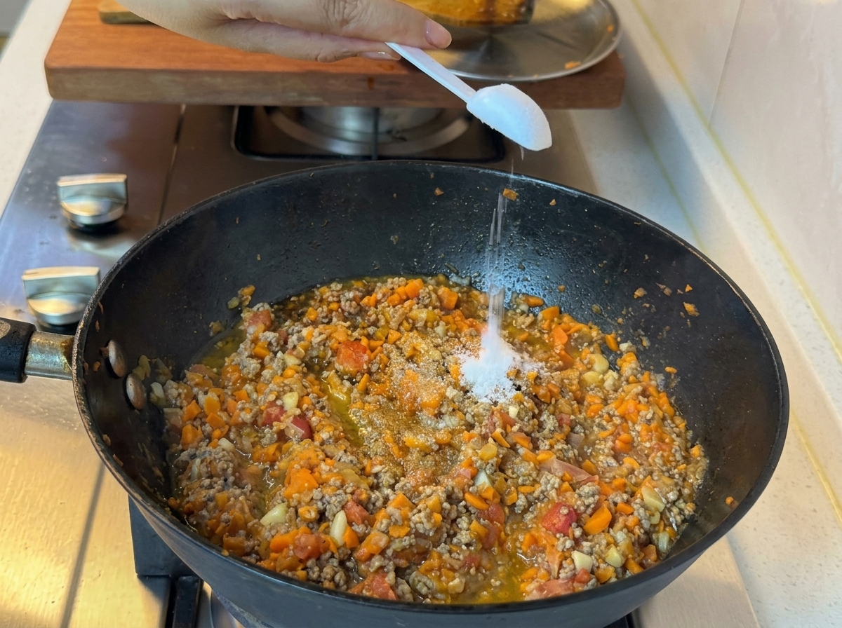 Aggiunta dei condimenti nella padella con il misto di carne e verdure.