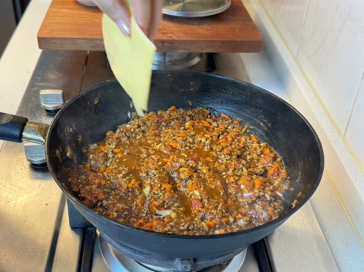 Fette di formaggio che si sciolgono nel ragù di carne allinterno della padella.