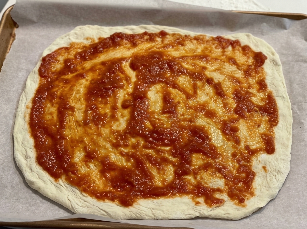 Salsa di pomodoro stesa uniformemente sulla base della pizza con un cucchiaio.