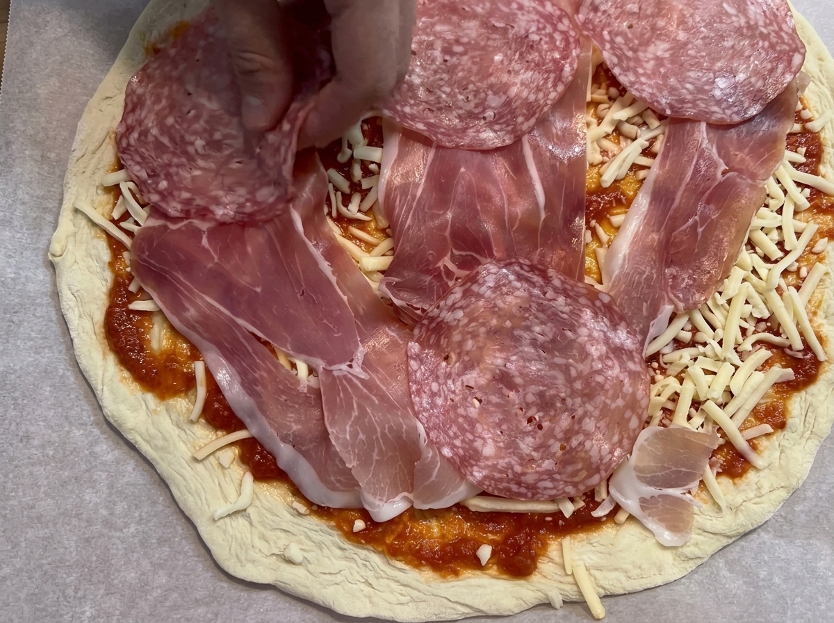 Fette di salame e prosciutto disposte sopra la pizza coperta di formaggio.