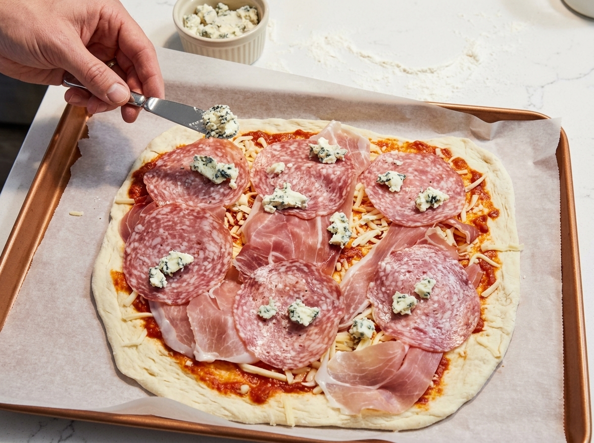 Piccoli ciuffi uniformi di formaggio di capra posizionati sulla pizza con un coltello.