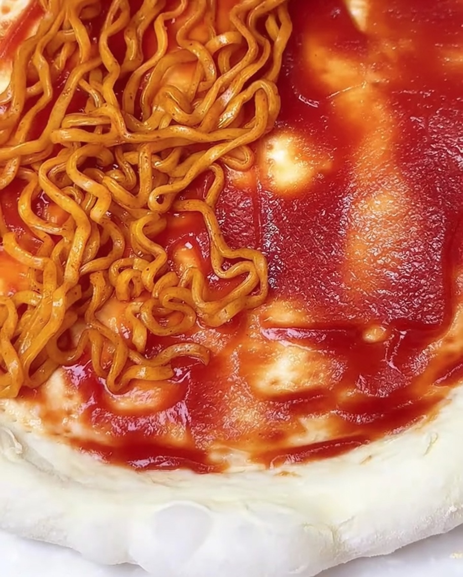 Base per pizza con pomodoro, ramen Buldak e alghe.