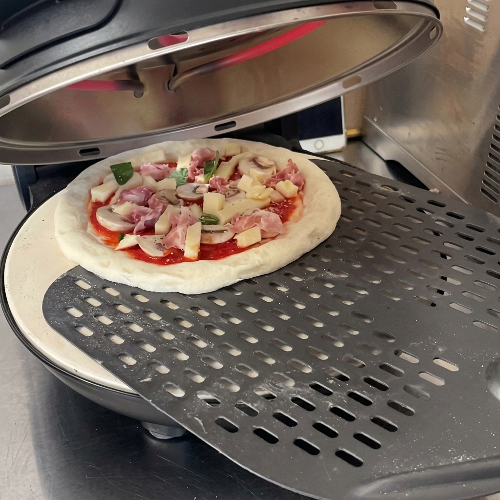 Passata di pomodoro stesa sullimpasto crudo della pizza con un cucchiaio.